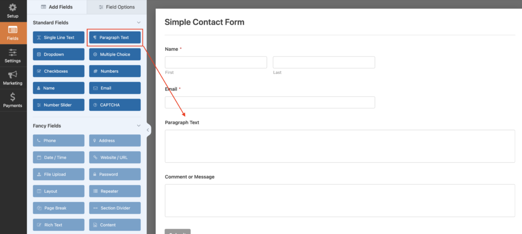 Addng Paragraph Text in Contact Forms